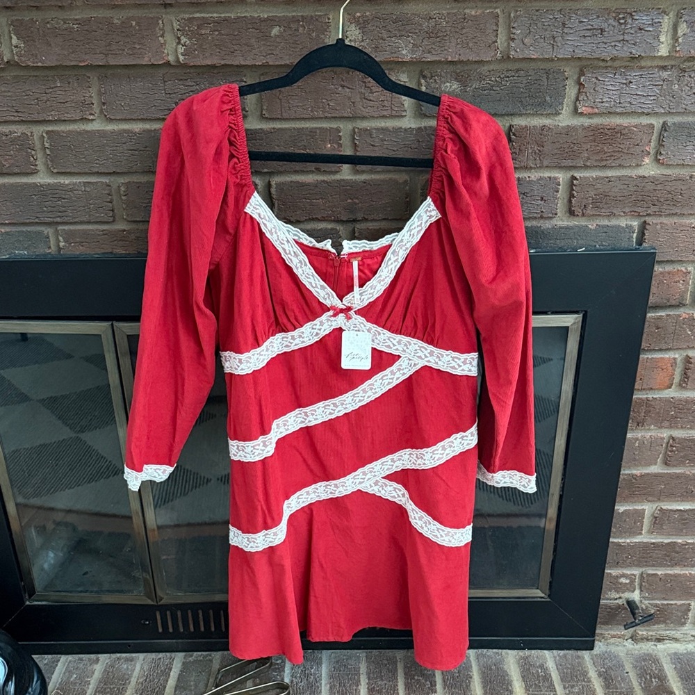 Free People Tennley Lace Corduroy Mini Dress Red NWT
